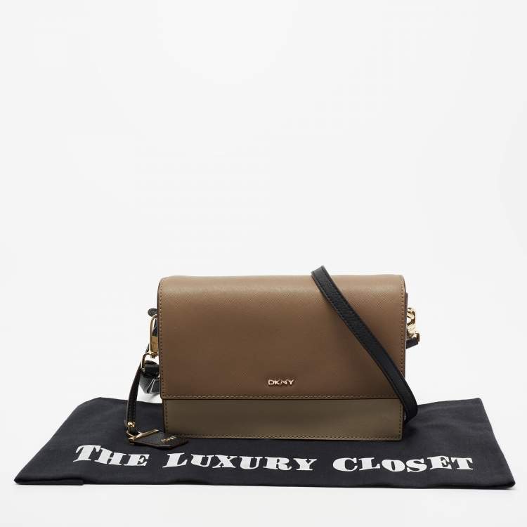 Pre Owned DKNY Brown/Beige Leather Flap Crossbody Bag