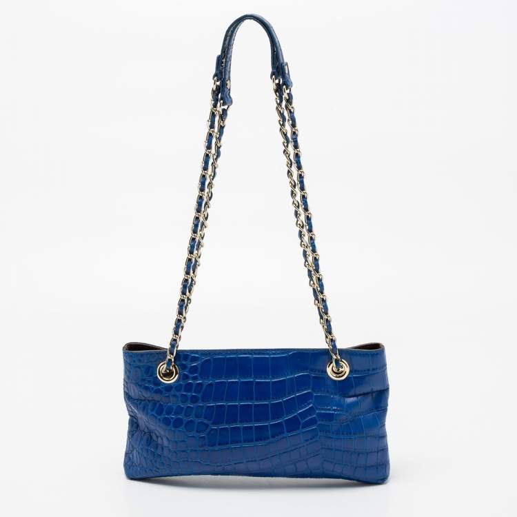Pre Owned DKNY Blue Croc Embossed Leather Shoulder Bag