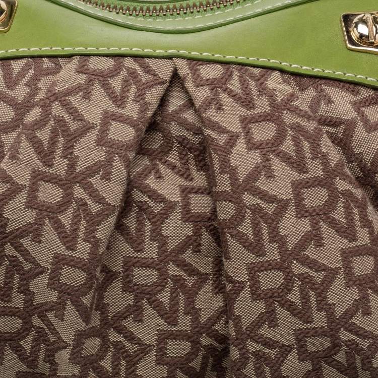 Pre Owned DKNY Brown/Green Signature Canvas And Leather Satchel
