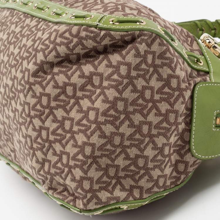 Pre Owned DKNY Brown/Green Signature Canvas And Leather Satchel