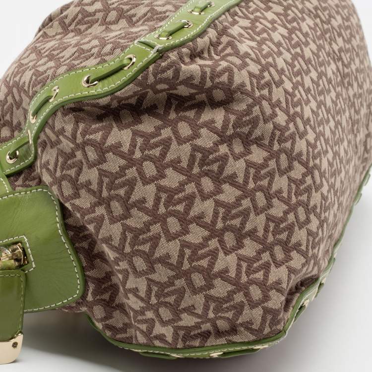 Pre Owned DKNY Brown/Green Signature Canvas And Leather Satchel