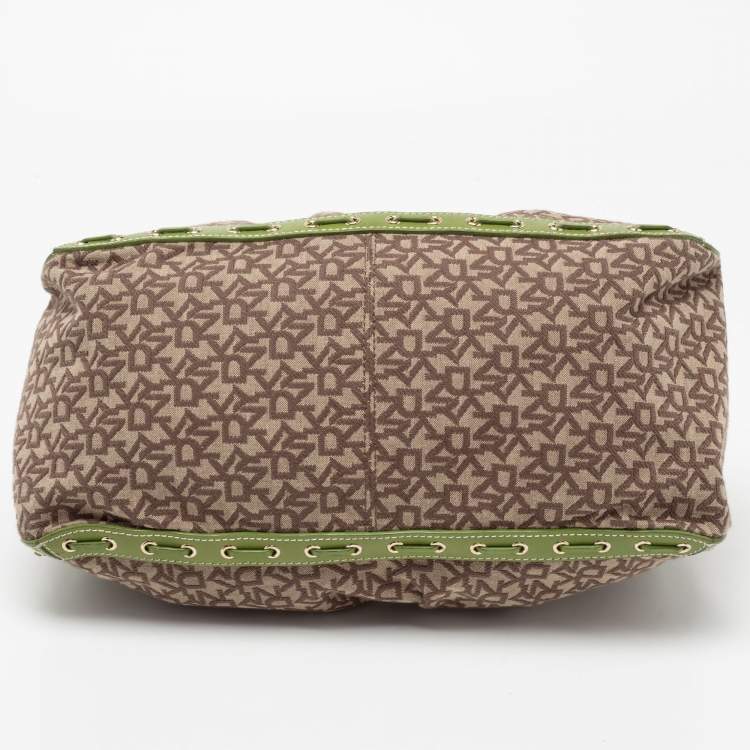 Pre Owned DKNY Brown/Green Signature Canvas And Leather Satchel