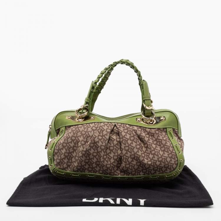 Pre Owned DKNY Brown/Green Signature Canvas And Leather Satchel