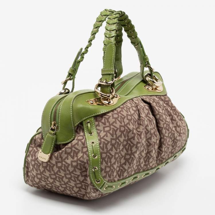 Pre Owned DKNY Brown/Green Signature Canvas And Leather Satchel