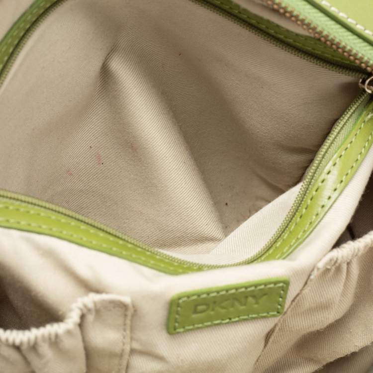 Pre Owned DKNY Brown/Green Signature Canvas And Leather Satchel