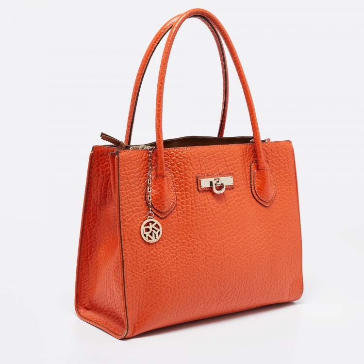 Pre Owned DKNY Orange Grained Leather Tote