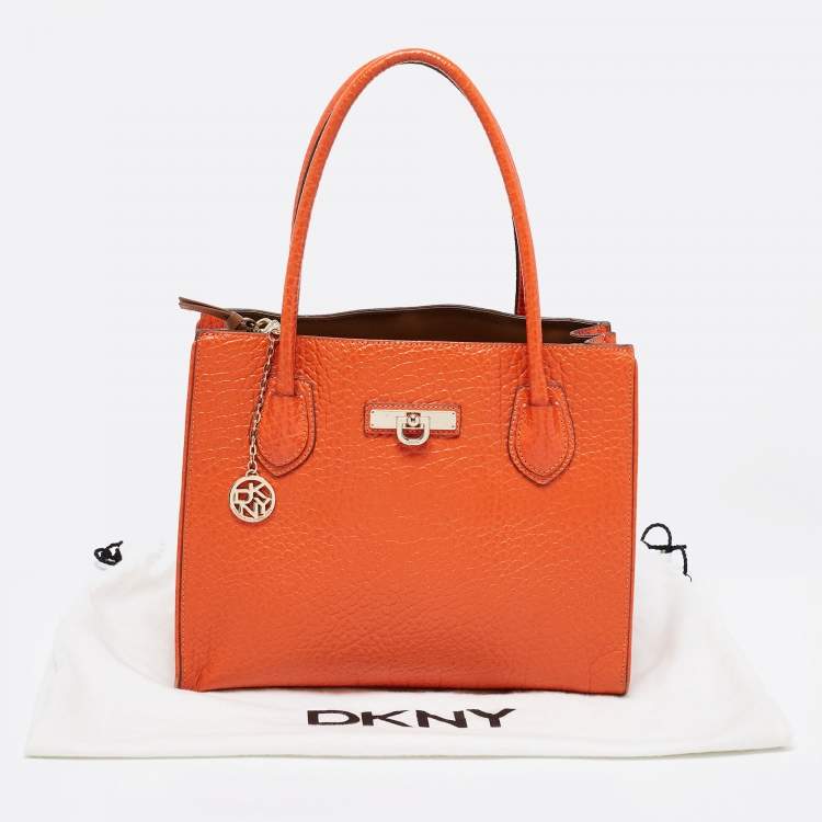 Pre Owned DKNY Orange Grained Leather Tote