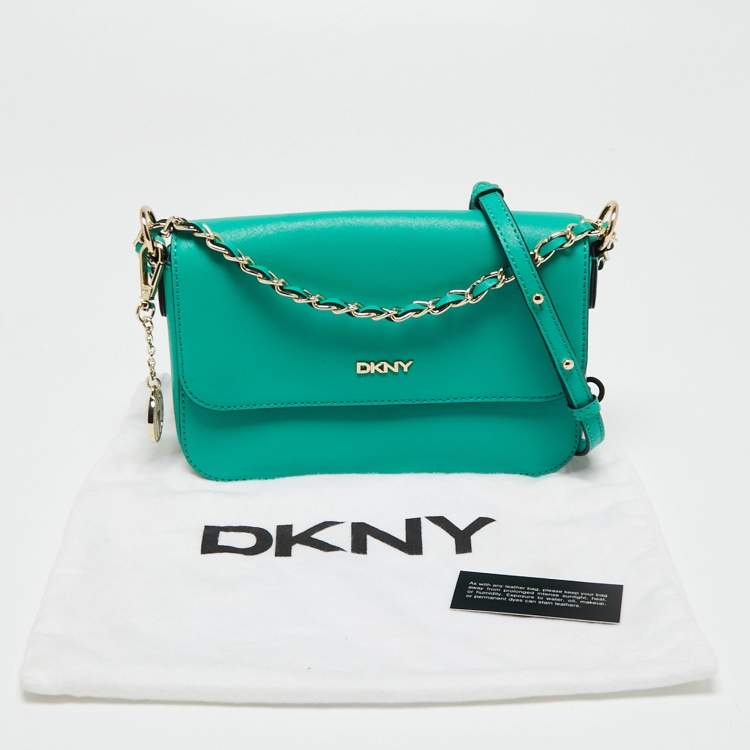 Pre Owned DKNY Green Leather Medium Bryant Flap Crossbody Bag