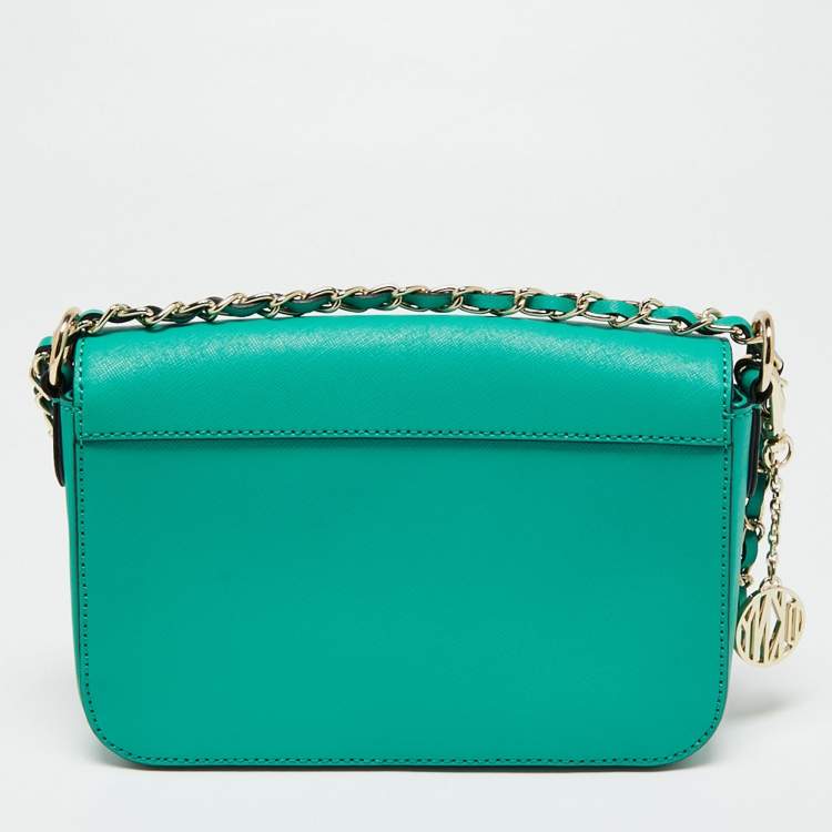 Pre Owned DKNY Green Leather Medium Bryant Flap Crossbody Bag