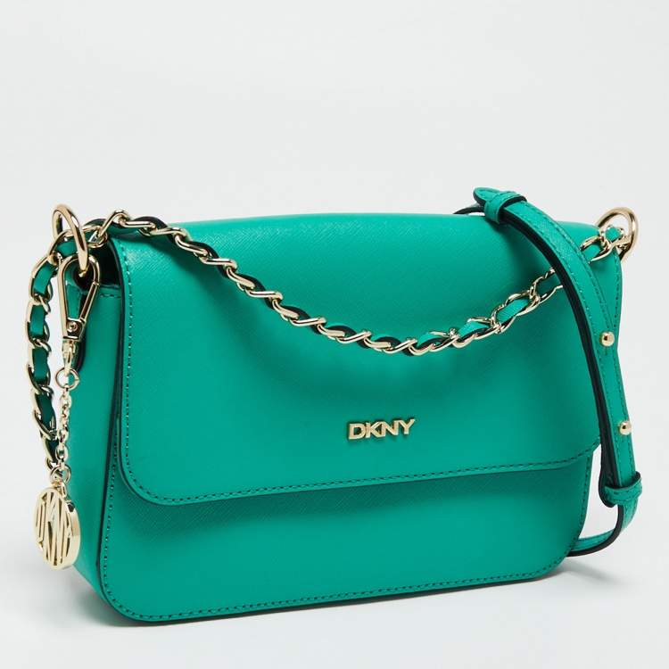 Pre Owned DKNY Green Leather Medium Bryant Flap Crossbody Bag