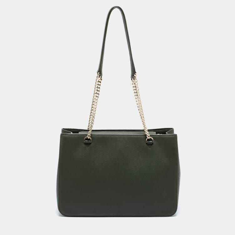 Pre Owned DKNY Olive Green Leather Large Bryant Park Chain Tote