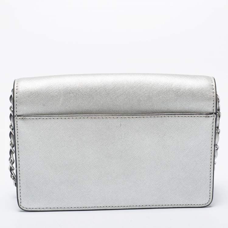Pre Owned DKNY Silver Leather Bryant Flap Crossbody Bag