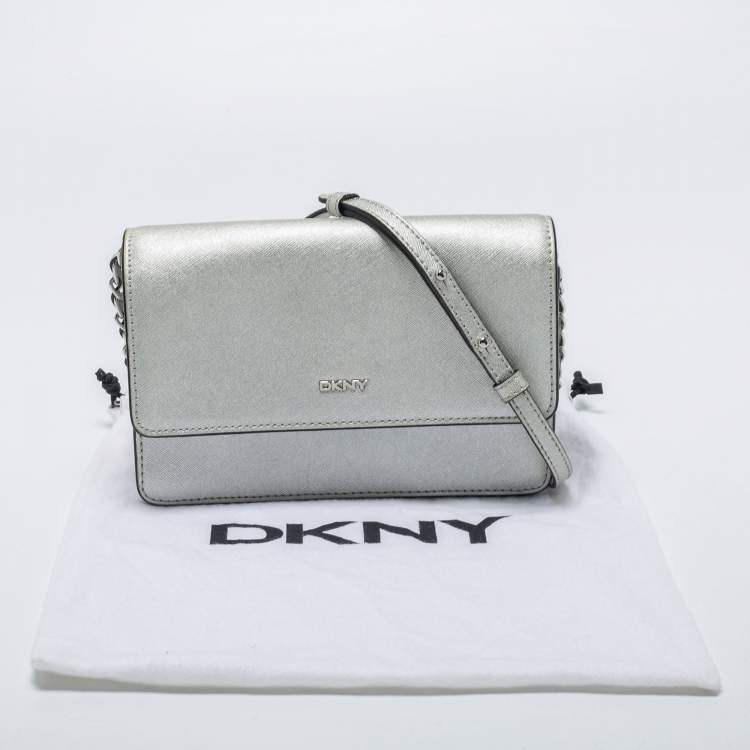 Pre Owned DKNY Silver Leather Bryant Flap Crossbody Bag
