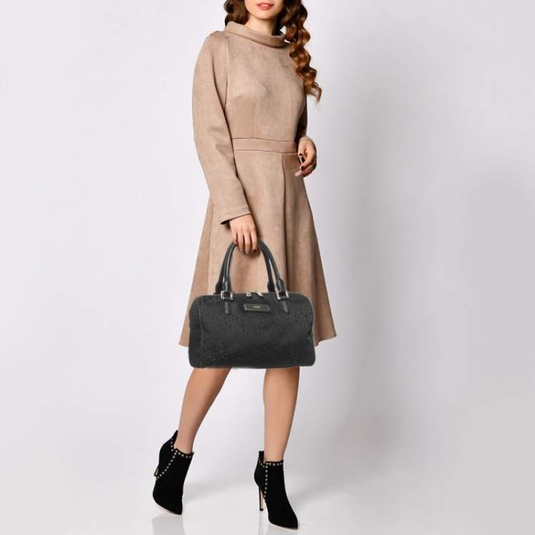 Pre Owned DKNY Black Signature Canvas and Leather Boston Bag