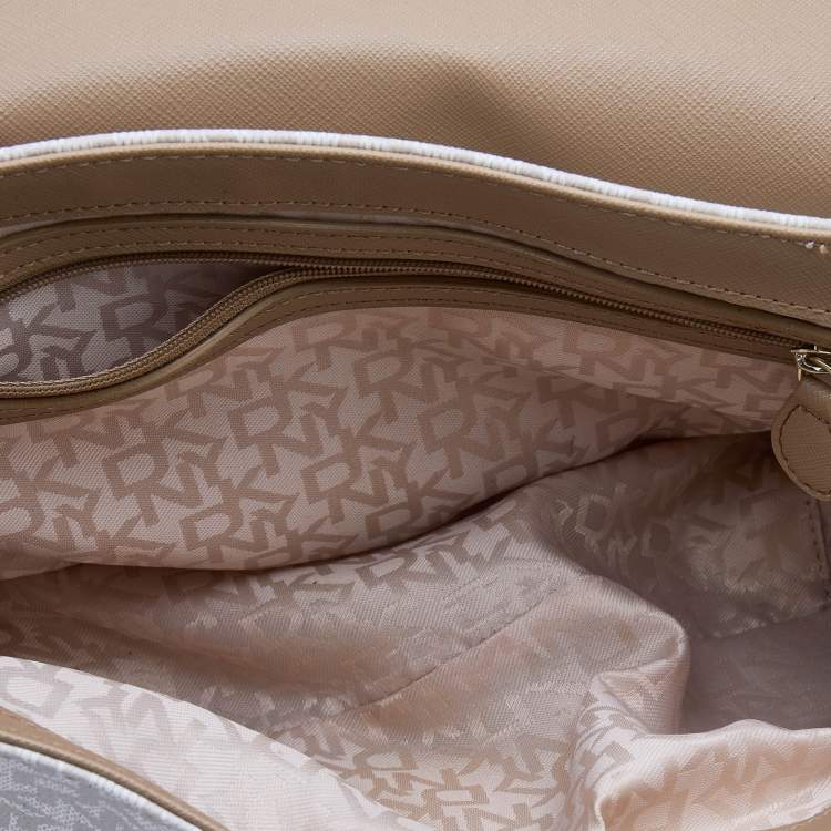 Pre Owned DKNY Beige/White Signature Coated Canvas and Leather Flap Shoulder Bag