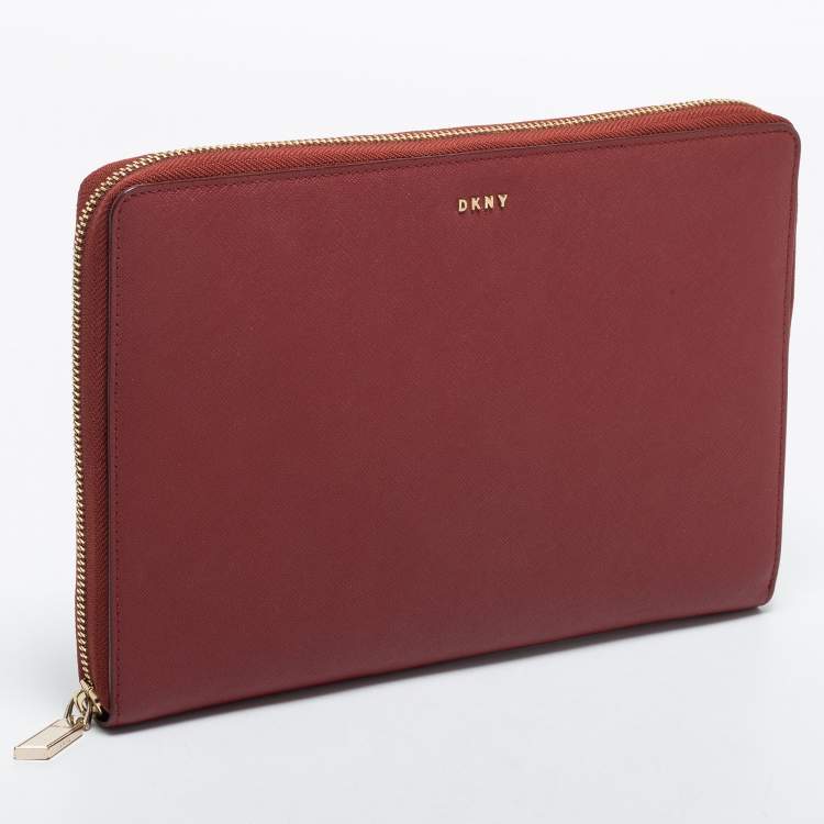 Pre Owned DKNY Red Leather Large Bryant Zip Around Clutch