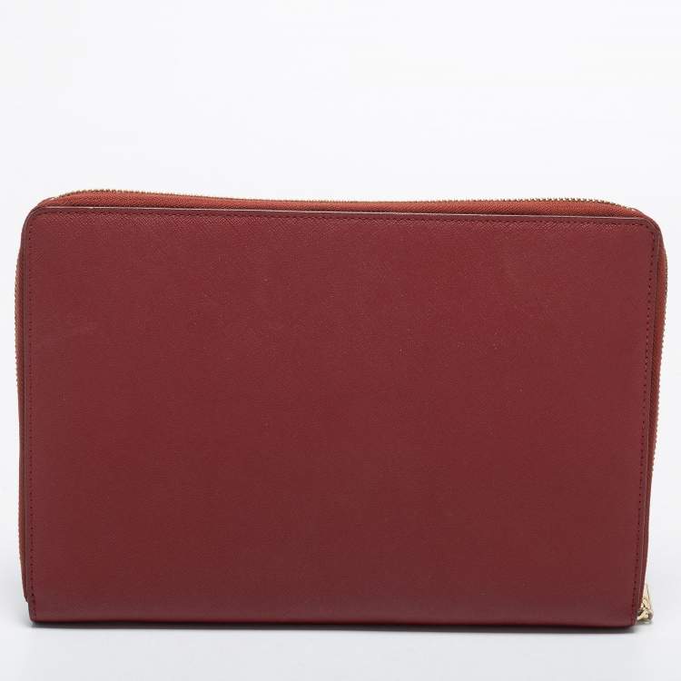 Pre Owned DKNY Red Leather Large Bryant Zip Around Clutch