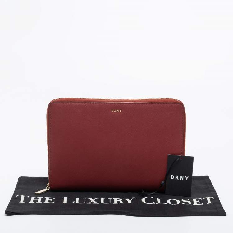 Pre Owned DKNY Red Leather Large Bryant Zip Around Clutch