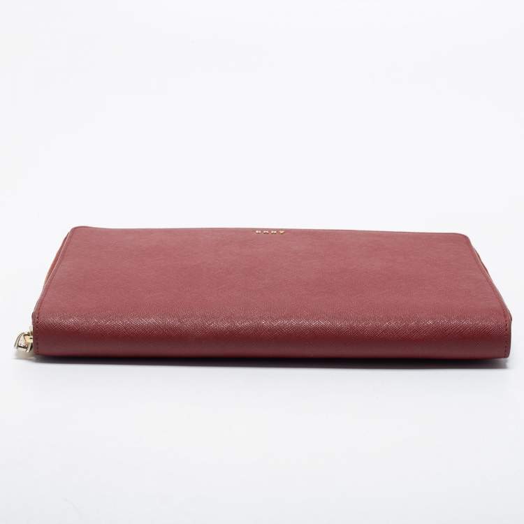 Pre Owned DKNY Red Leather Large Bryant Zip Around Clutch
