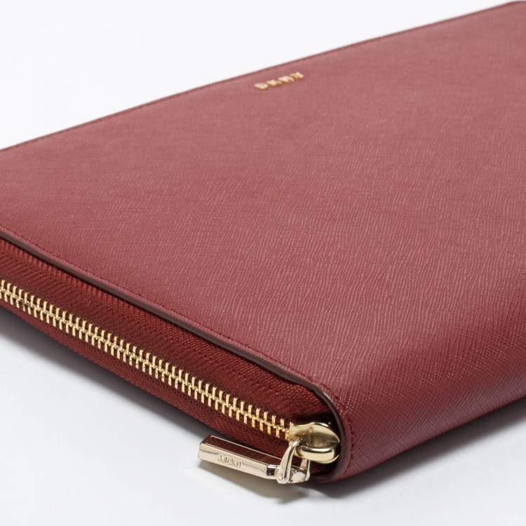 Pre Owned DKNY Red Leather Large Bryant Zip Around Clutch