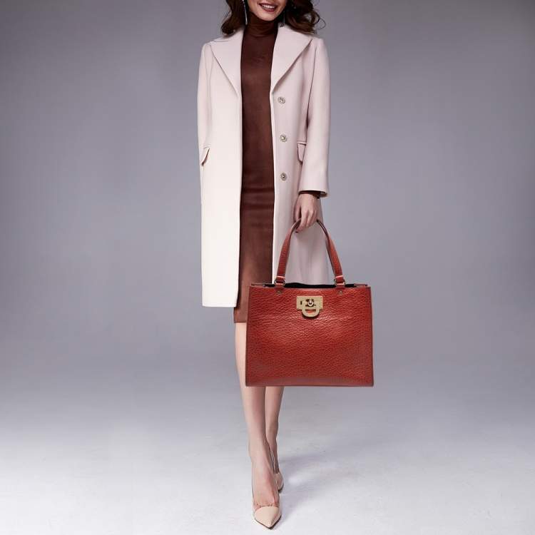 Pre Owned DKNY Brown Grained Leather Middle Zip Tote