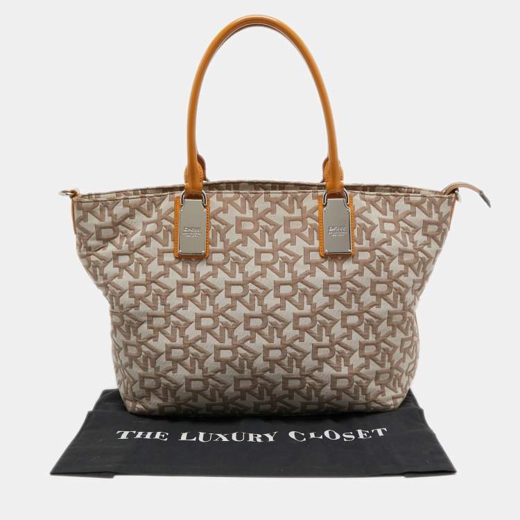 Pre Owned DKNY Beige Signature Canvas and Patent Leather Tote 