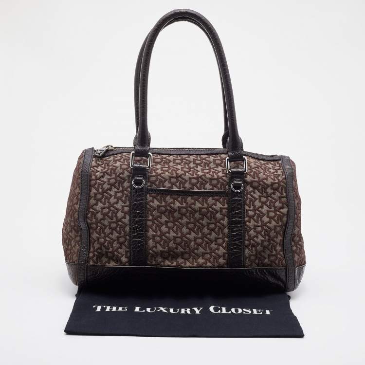 Pre Owned DKNY Dark Brown Signature Canvas and Leather Satchel