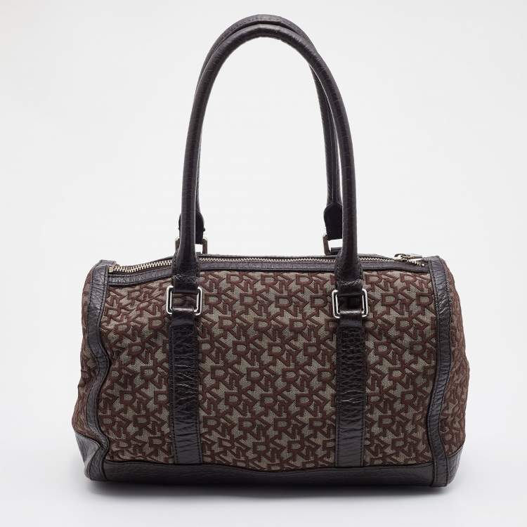 Pre Owned DKNY Dark Brown Signature Canvas and Leather Satchel
