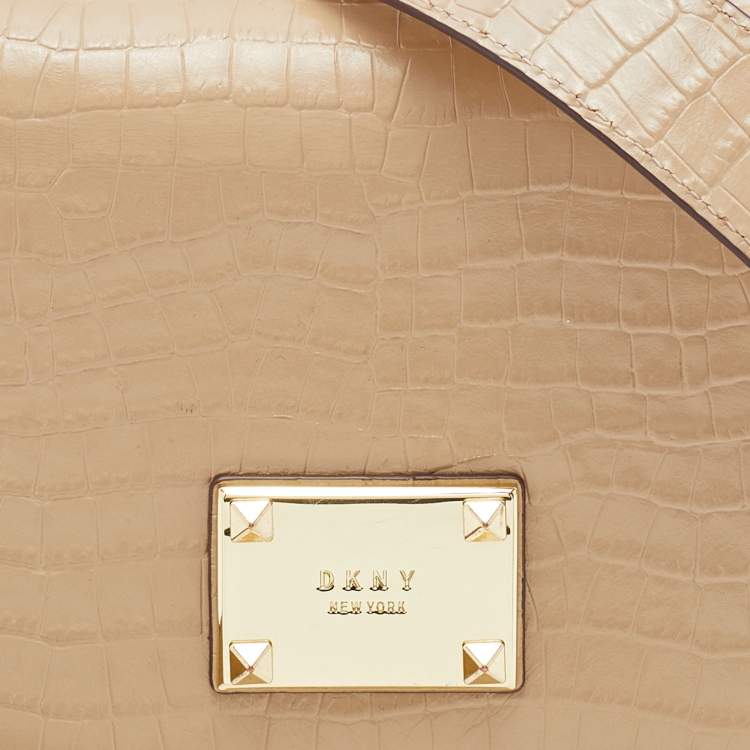 Pre Owned DKNY Cream Croc Embossed Leather Flap Shoulder Bag