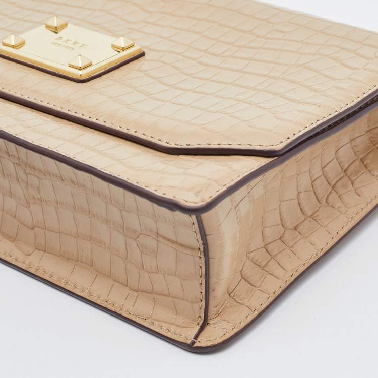 Pre Owned DKNY Cream Croc Embossed Leather Flap Shoulder Bag