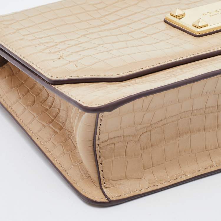 Pre Owned DKNY Cream Croc Embossed Leather Flap Shoulder Bag