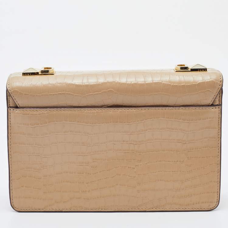 Pre Owned DKNY Cream Croc Embossed Leather Flap Shoulder Bag