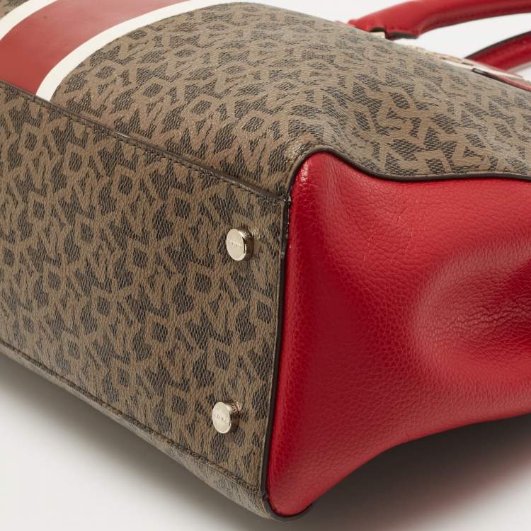 Pre Owned Dkny Brown/Red Signature Canvas and Leather Tote