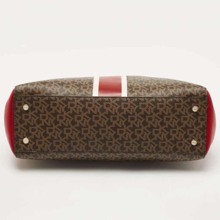 Pre Owned Dkny Brown/Red Signature Canvas and Leather Tote