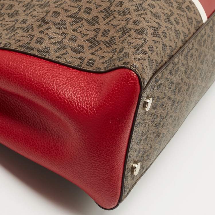 Pre Owned Dkny Brown/Red Signature Canvas and Leather Tote