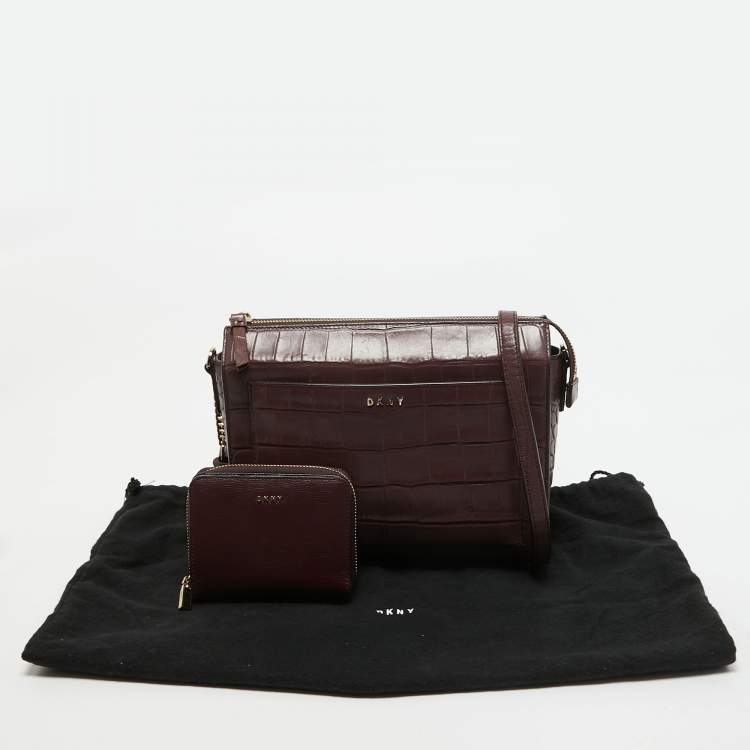 Pre Owned DKNY Burgundy Croc Embossed Leather Front Pocket Chain Shoulder Bag