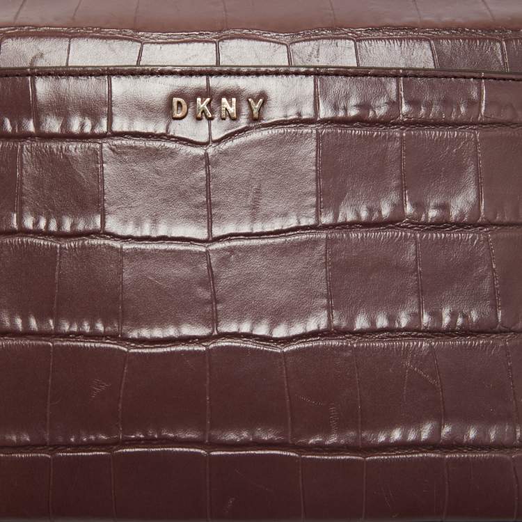 Pre Owned DKNY Burgundy Croc Embossed Leather Front Pocket Chain Shoulder Bag