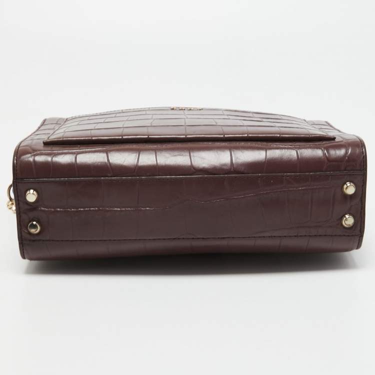 Pre Owned DKNY Burgundy Croc Embossed Leather Front Pocket Chain Shoulder Bag