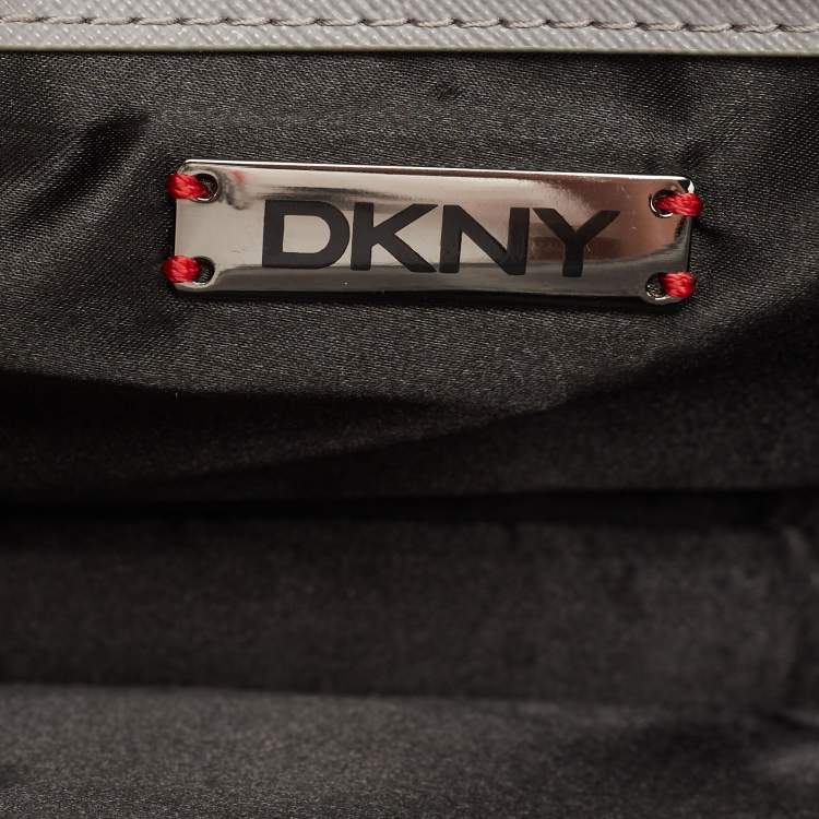 Pre Owned DKNY Grey Signature Coated Canvas Studded Flap Shoulder Bag