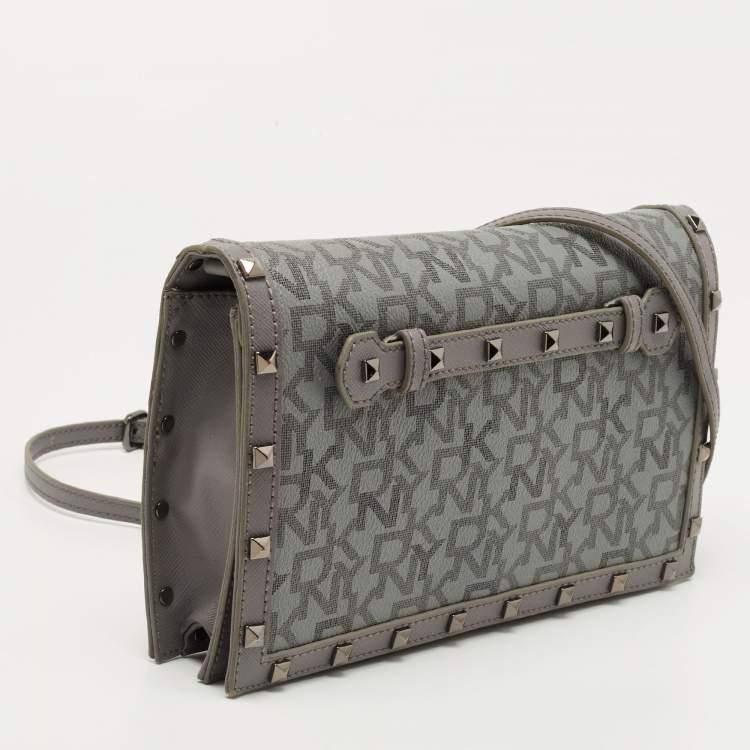 Pre Owned DKNY Grey Signature Coated Canvas Studded Flap Shoulder Bag