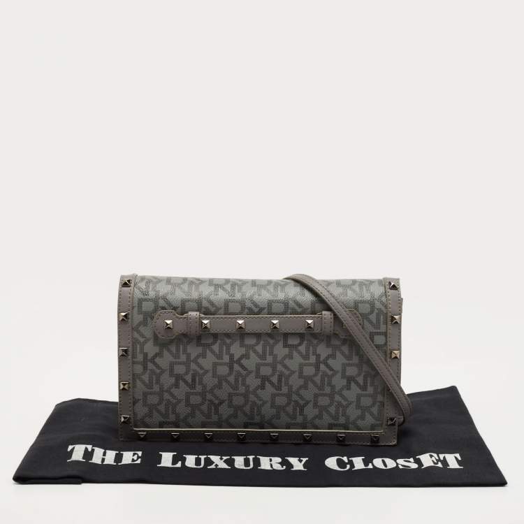 Pre Owned DKNY Grey Signature Coated Canvas Studded Flap Shoulder Bag