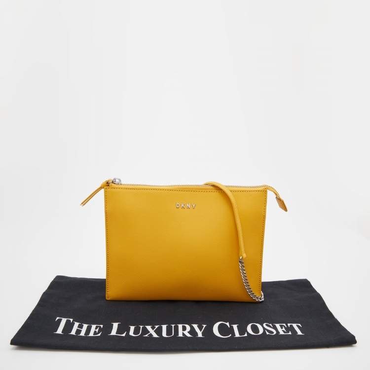Pre Owned DKNY Mustard Leather Top Zip Crossbody Bag