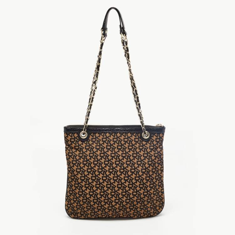 Pre Owned DKNY Black/Brown Signature Canvas and Leather Chain Shoulder Bag