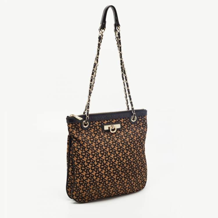 Pre Owned DKNY Black/Brown Signature Canvas and Leather Chain Shoulder Bag