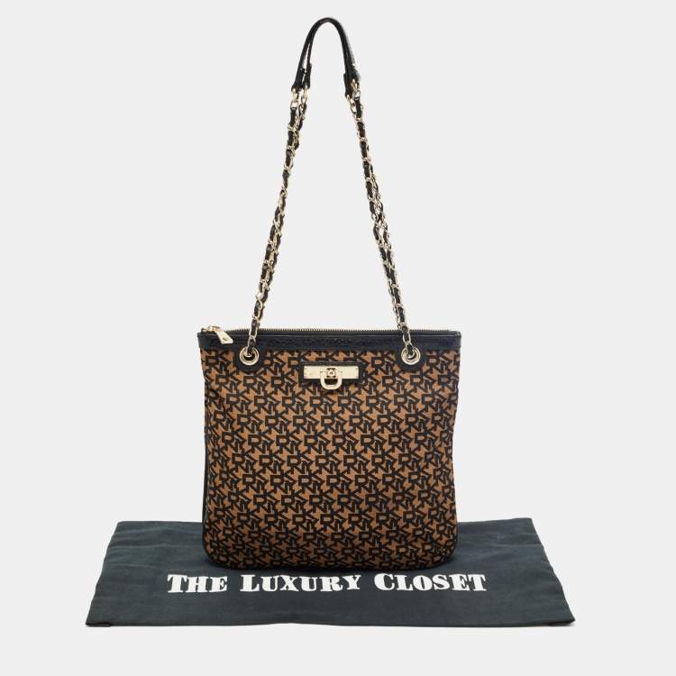 Pre Owned DKNY Black/Brown Signature Canvas and Leather Chain Shoulder Bag