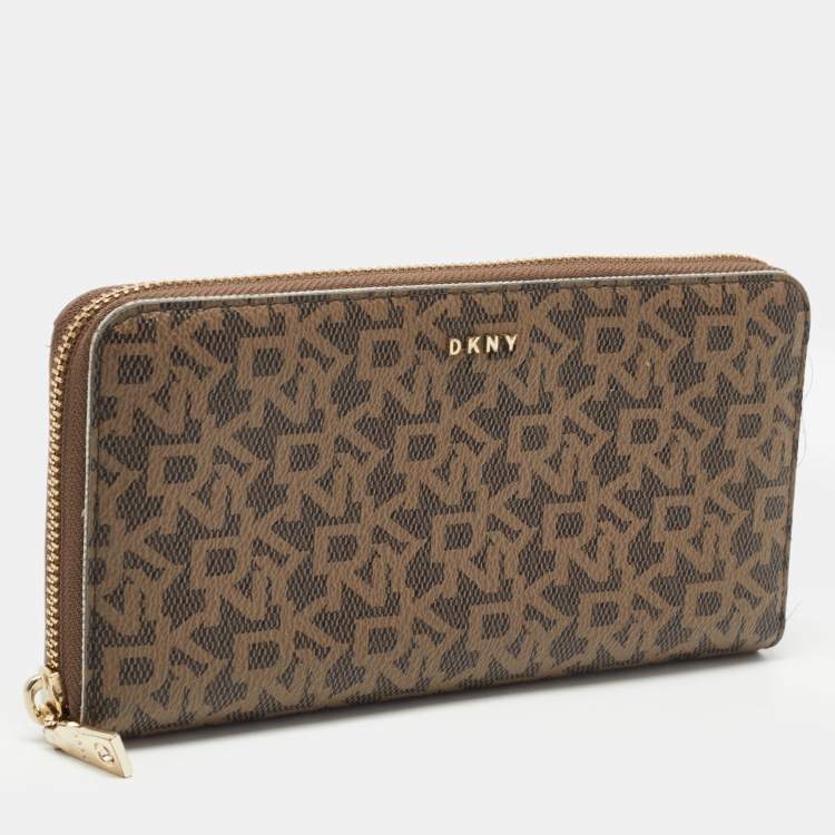 Pre Owned DKNY Brown Signature Coated Canvas Zip Around Continental Wallet
