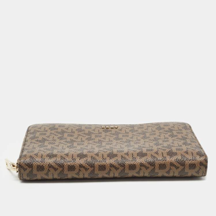 Pre Owned DKNY Brown Signature Coated Canvas Zip Around Continental Wallet