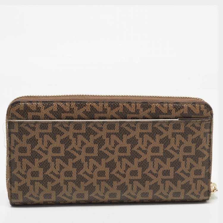 Pre Owned DKNY Brown Signature Coated Canvas Zip Around Continental Wallet