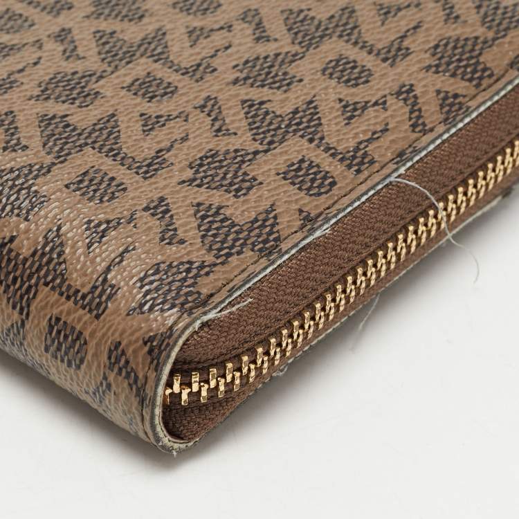 Pre Owned DKNY Brown Signature Coated Canvas Zip Around Continental Wallet