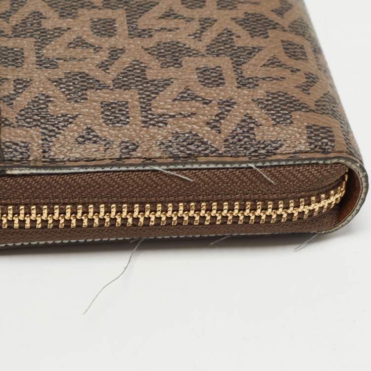 Pre Owned DKNY Brown Signature Coated Canvas Zip Around Continental Wallet